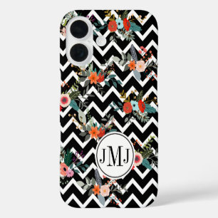 Funda iPhone 16 Monograma floral de Chevron en blanco y negro