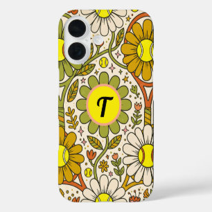Funda iPhone 16 Monograma Floral de Tenis Groovy Personalizado