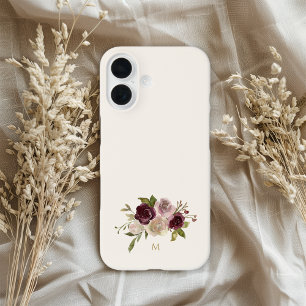 Funda iPhone 16 Monograma Floral Moderno de Burgundy Rosa en Acuar