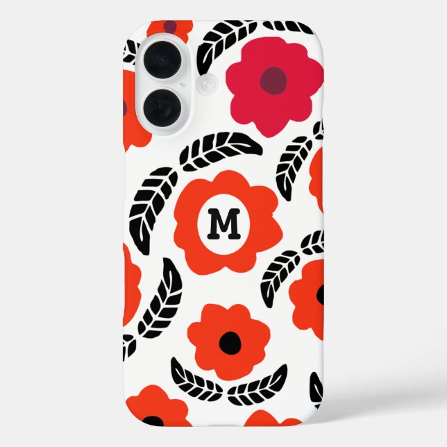 Funda iPhone 16 Monograma floral rojo y Naranja moderno (Reverso )