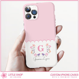 Funda iPhone 16 Monograma floral rosa Rubor personalizado