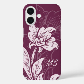Funda iPhone 16 Monograma Flores de color rosa magenta oscuro