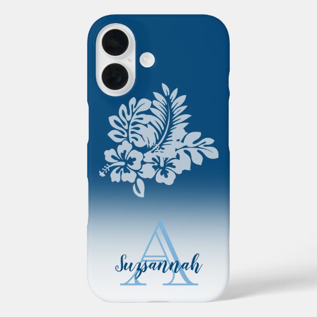 Funda iPhone 16 Monograma Flores de Hibiscus Tropical Ombre Azul (Reverso )