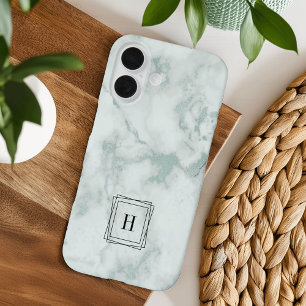 Funda iPhone 16 Monograma geométrico de mármol verde marino modern