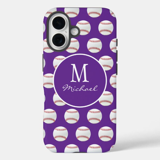 Funda iPhone 16 Monograma Giro Nombre Patrón de béisbol púrpura (Reverso )