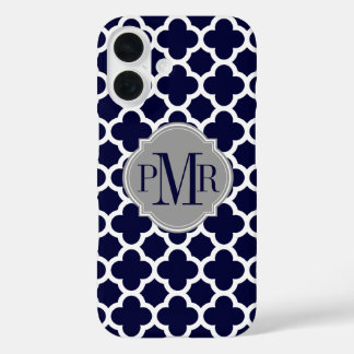Funda iPhone 16 Monograma gris del patrón blanco azul de la marina