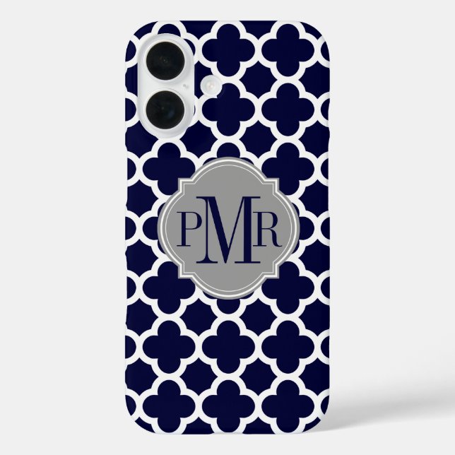Funda iPhone 16 Monograma gris del patrón blanco azul de la marina (Reverso )