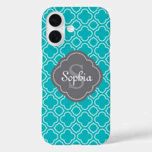 Funda iPhone 16 Monograma gris del patrón de quatrefoil azul verde