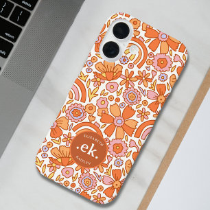 Funda iPhone 16 Monograma Groovy Retro Naranja Florals