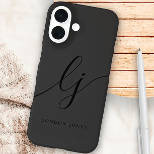 Funda iPhone 16 Monograma Guión de caligrafía negra Iniciales eleg