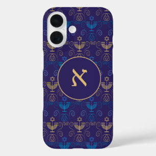 Funda iPhone 16 Monograma hebreo Hanukkah Personalizado Hanukkiah