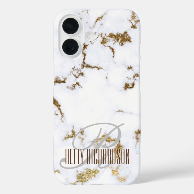 Funda iPhone 16 Monograma inicial de mármol blanco Purpurina minim (Reverso )