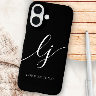 Funda iPhone 16 Monograma Iniciales del guión de caligrafía blanca