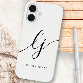Funda iPhone 16 Monograma Iniciales del guión de caligrafía blanca