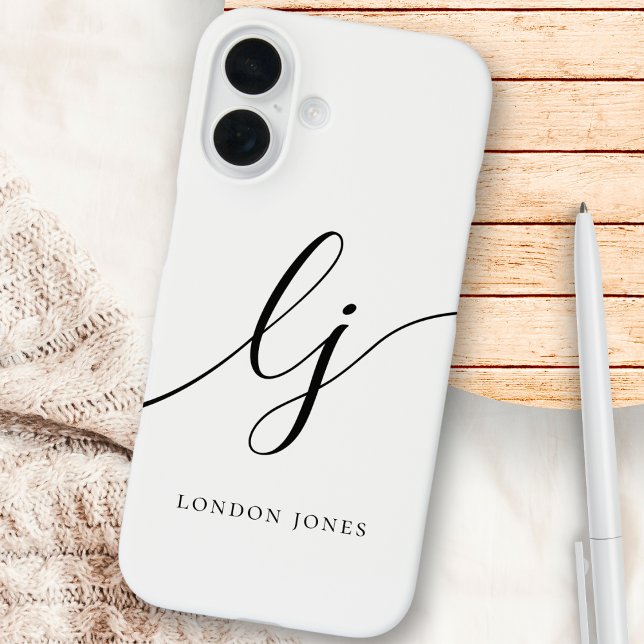 Funda iPhone 16 Monograma Iniciales del guión de caligrafía blanca (Subido por el creador)