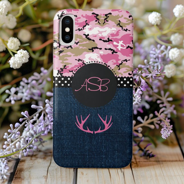Funda iPhone 16 Monograma Jeans azules oscuros Antler rosa lindo c (Subido por el creador)