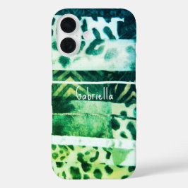 Funda iPhone 16 Monograma leopardo animal impresión verde amarillo