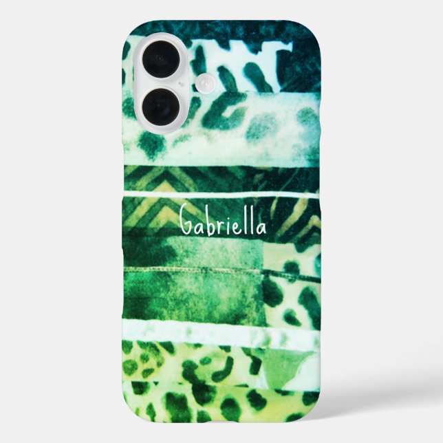 Funda iPhone 16 Monograma leopardo animal impresión verde amarillo (Reverso )