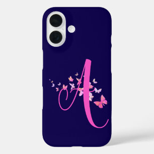 Funda iPhone 16 Monograma Mariposa Azul Rosa