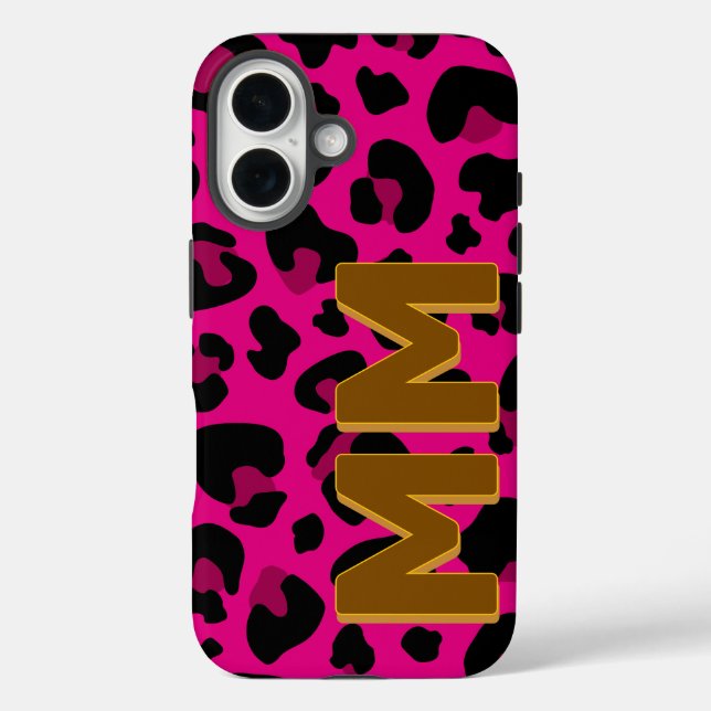Funda iPhone 16 Monograma Moderna de Sombra Marrón Leopardo Rosa C (Reverso )