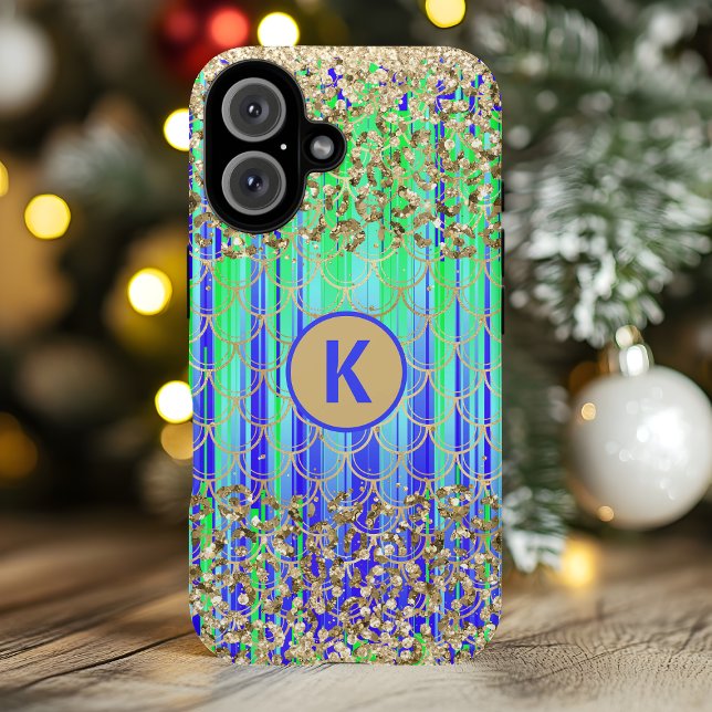 Funda iPhone 16 Monograma Moderna Sirena Brillo Verde Azul (Subido por el creador)