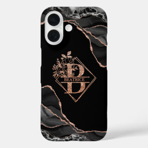 Funda iPhone 16 Monograma moderno B oro Rosa de mármol negro agate