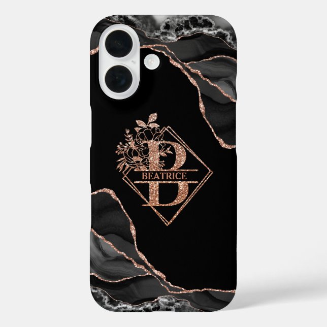 Funda iPhone 16 Monograma moderno B oro Rosa de mármol negro agate (Reverso )