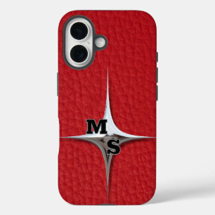 Funda iPhone 16 Monograma moderno de cuero rojo