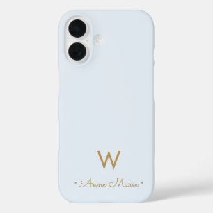 Funda iPhone 16 Monograma moderno en oro con letra script en azul 