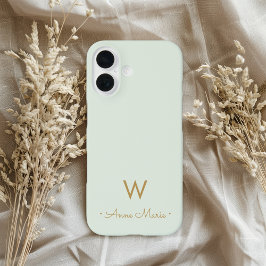 Funda iPhone 16 Monograma moderno en verde salvia y dorado