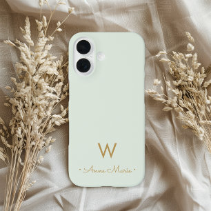 Funda iPhone 16 Monograma moderno en verde salvia y dorado