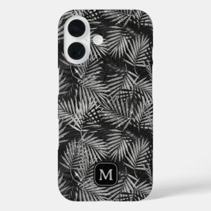 Funda iPhone 16 Monograma moderno negro Purpurina plateado
