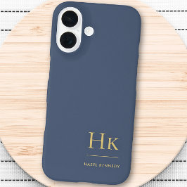 Funda iPhone 16 Monograma Navy Blue Gold Profesional Elegante