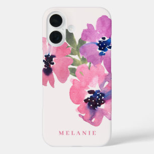 Funda iPhone 16 Monograma Nombre acuarela moderna Floral rosa