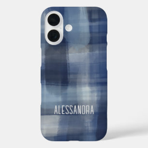 Funda iPhone 16 Monograma nombre azul marino acuarela tartán