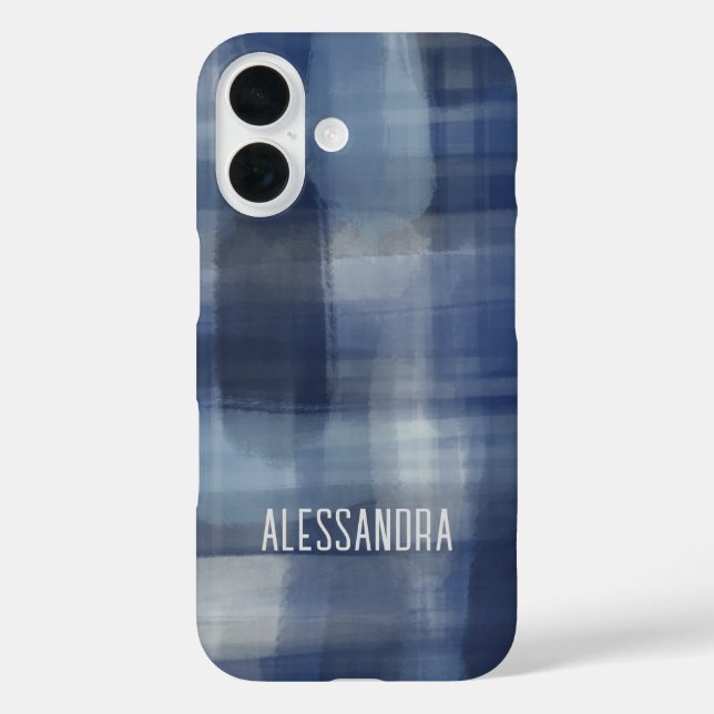 Funda iPhone 16 Monograma nombre azul marino acuarela tartán (Reverso )