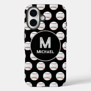 Funda iPhone 16 Monograma Nombre Béisbol Patrón sin soldadura Negr