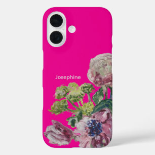 Funda iPhone 16 Monograma nombre color de agua agudo rosa caliente