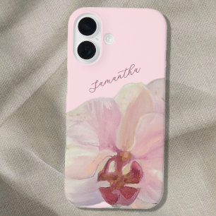 Funda iPhone 16 Monograma Nombre Pastel Rosa Floral Orquídea Elega