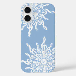 Funda iPhone 16 Monograma Ornamental Azul invernal G-Clef Snowflak