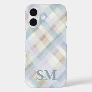 Funda iPhone 16 Monograma Pastel Cuadros Azul Lila Beige Acuarela 
