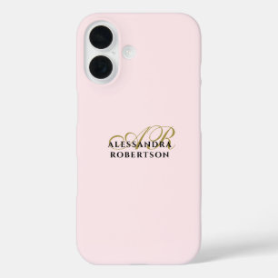 Funda iPhone 16 Monograma Pastel Oro Rosa Negro Estilo Minimalista