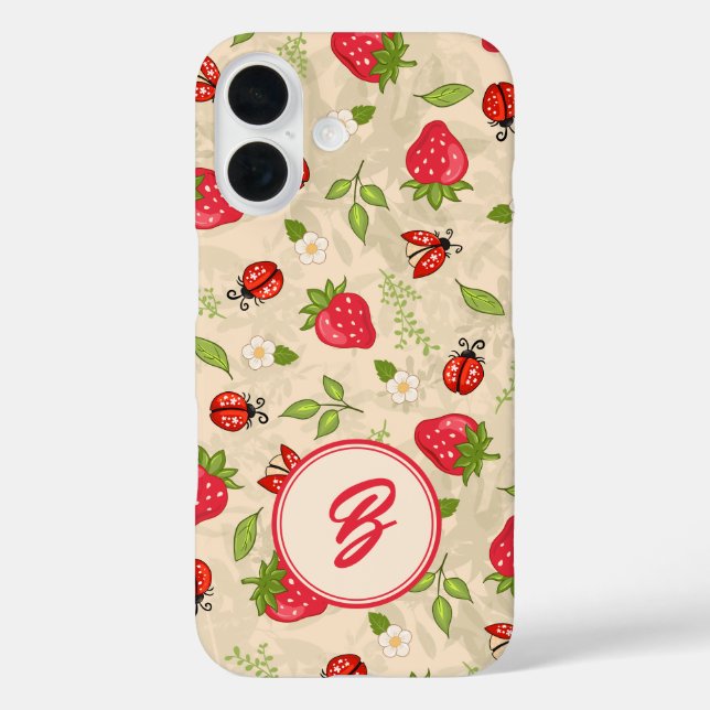 Funda iPhone 16 Monograma Patrón de tramo de fresa (Reverso )