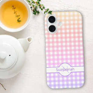 Funda iPhone 16 Monograma personalizada de cuadros gingham arcoíri