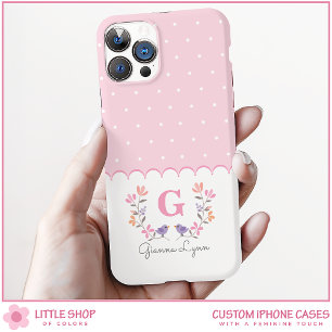 Funda iPhone 16 Monograma personalizada de flores rosadas con luna