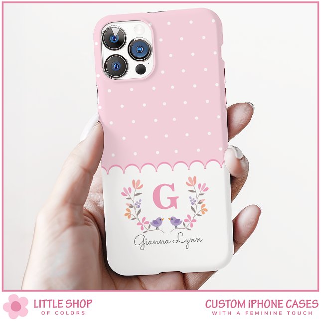 Funda iPhone 16 Monograma personalizada de flores rosadas con luna (Subido por el creador)