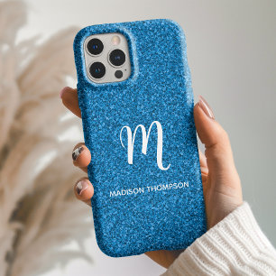 Funda iPhone 16 Monograma personalizado con nombre y brillo azul f