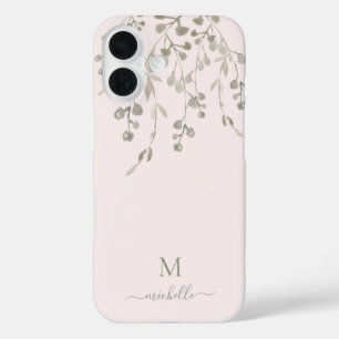 Funda iPhone 16 Monograma personalizado de acuarela botánica rosa