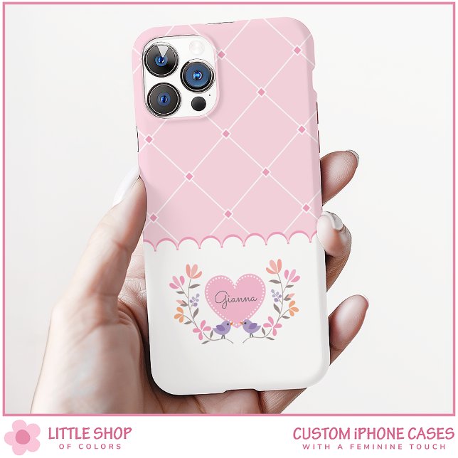 Funda iPhone 16 Monograma personalizado de flores rosas con diaman (Subido por el creador)