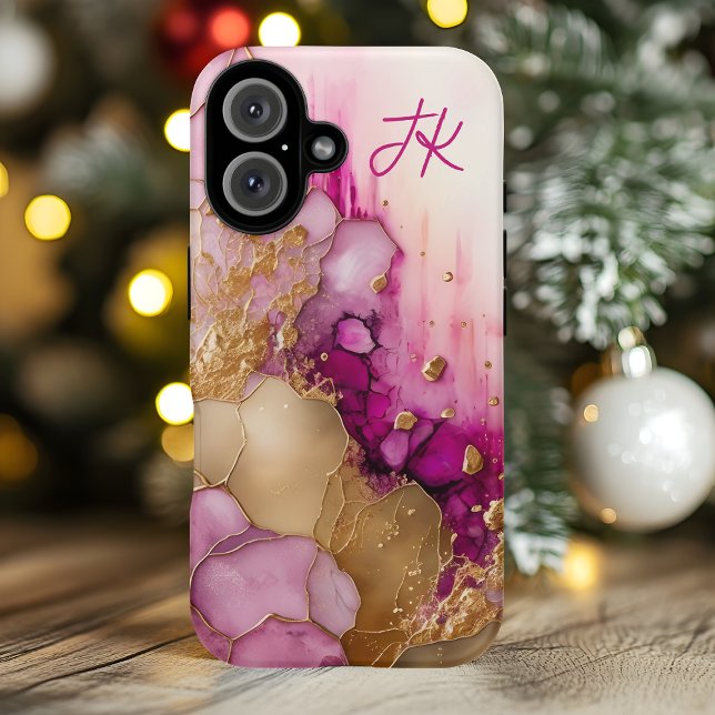 Funda iPhone 16 Monograma Personalizado de Mármol Dorado Púrpura M (Subido por el creador)